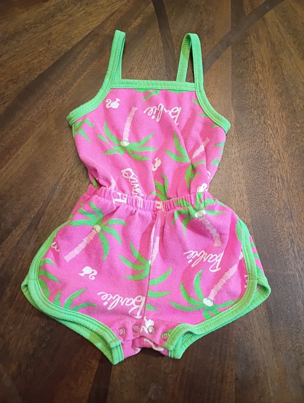 Barbie Infant Romper 12M Pink Palm Tree Tropical Outfit Green Trim Summer Baby - Picture 1 of 3